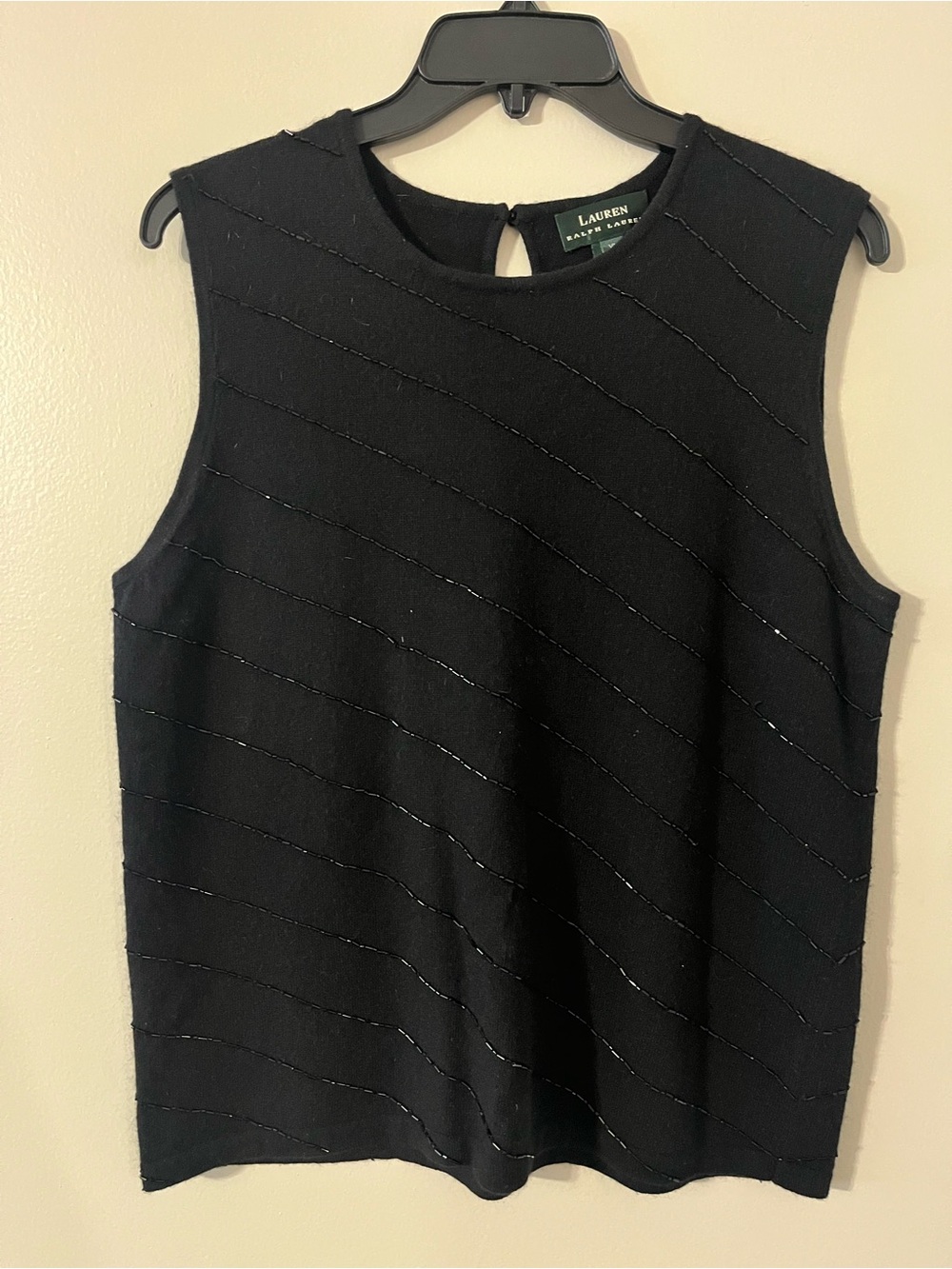 Lauren Ralph Lauren 100% Cashmere Beaded Sleeveless Knit Sweater Black Shell